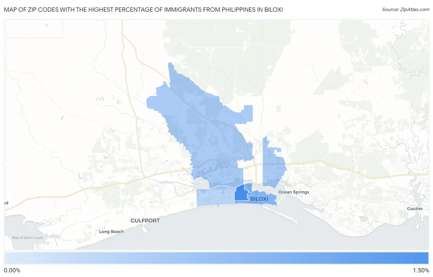 Zip Codes with the Highest Percentage of Immigrants from Philippines in Biloxi Map