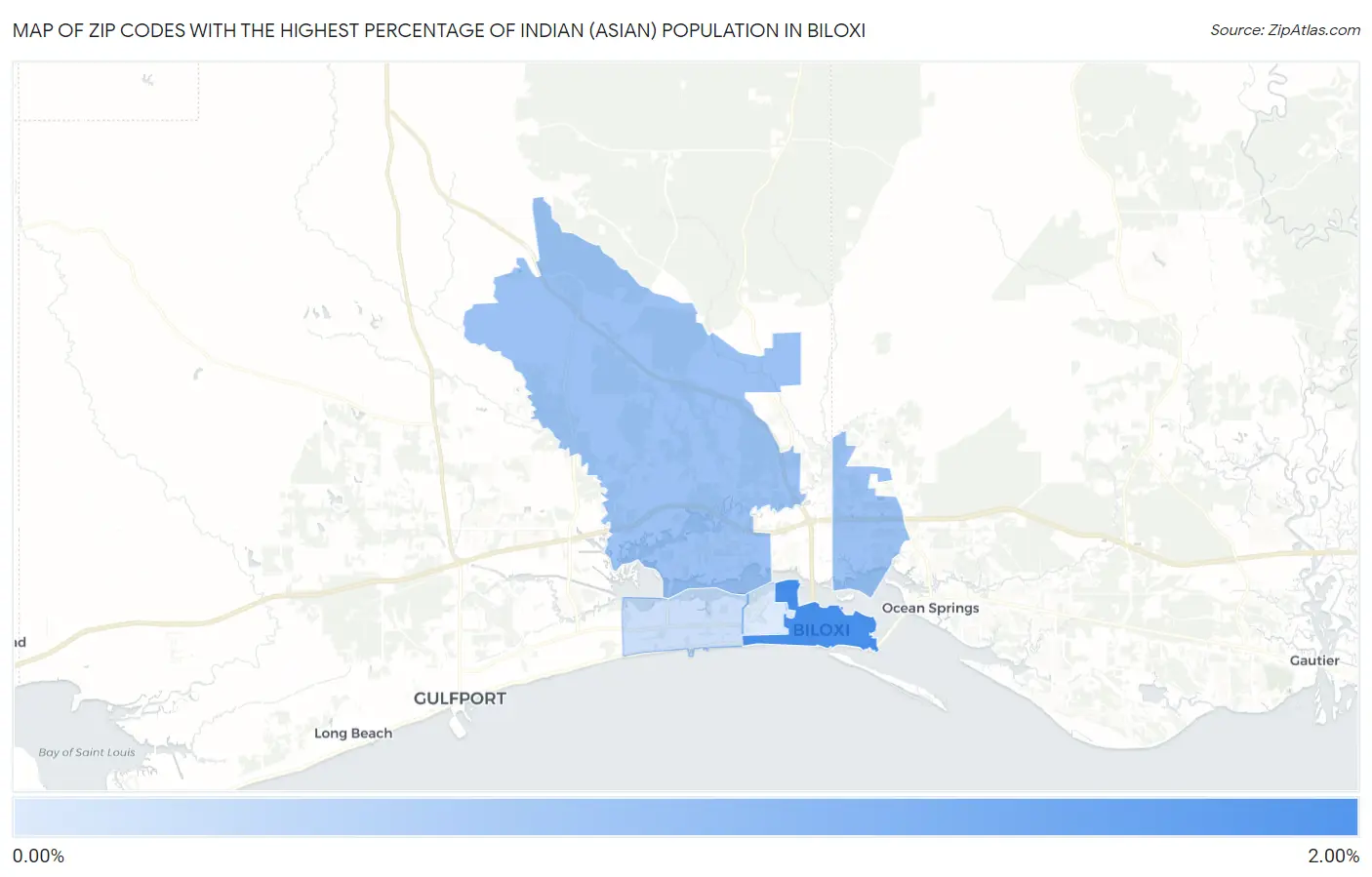 Zip Codes with the Highest Percentage of Indian (Asian) Population in Biloxi Map