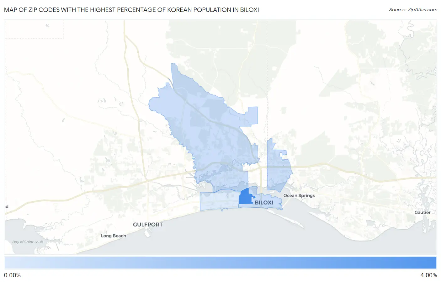 Zip Codes with the Highest Percentage of Korean Population in Biloxi Map