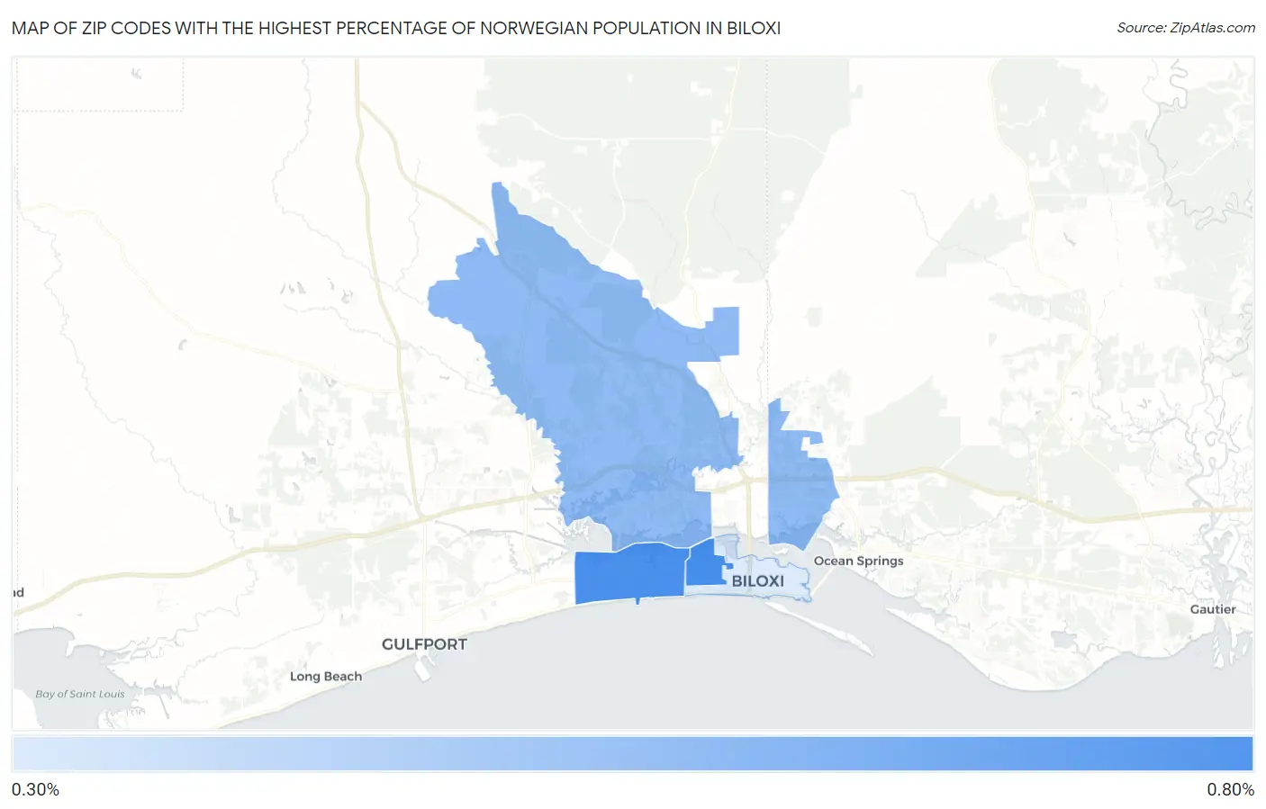 Zip Codes with the Highest Percentage of Norwegian Population in Biloxi Map