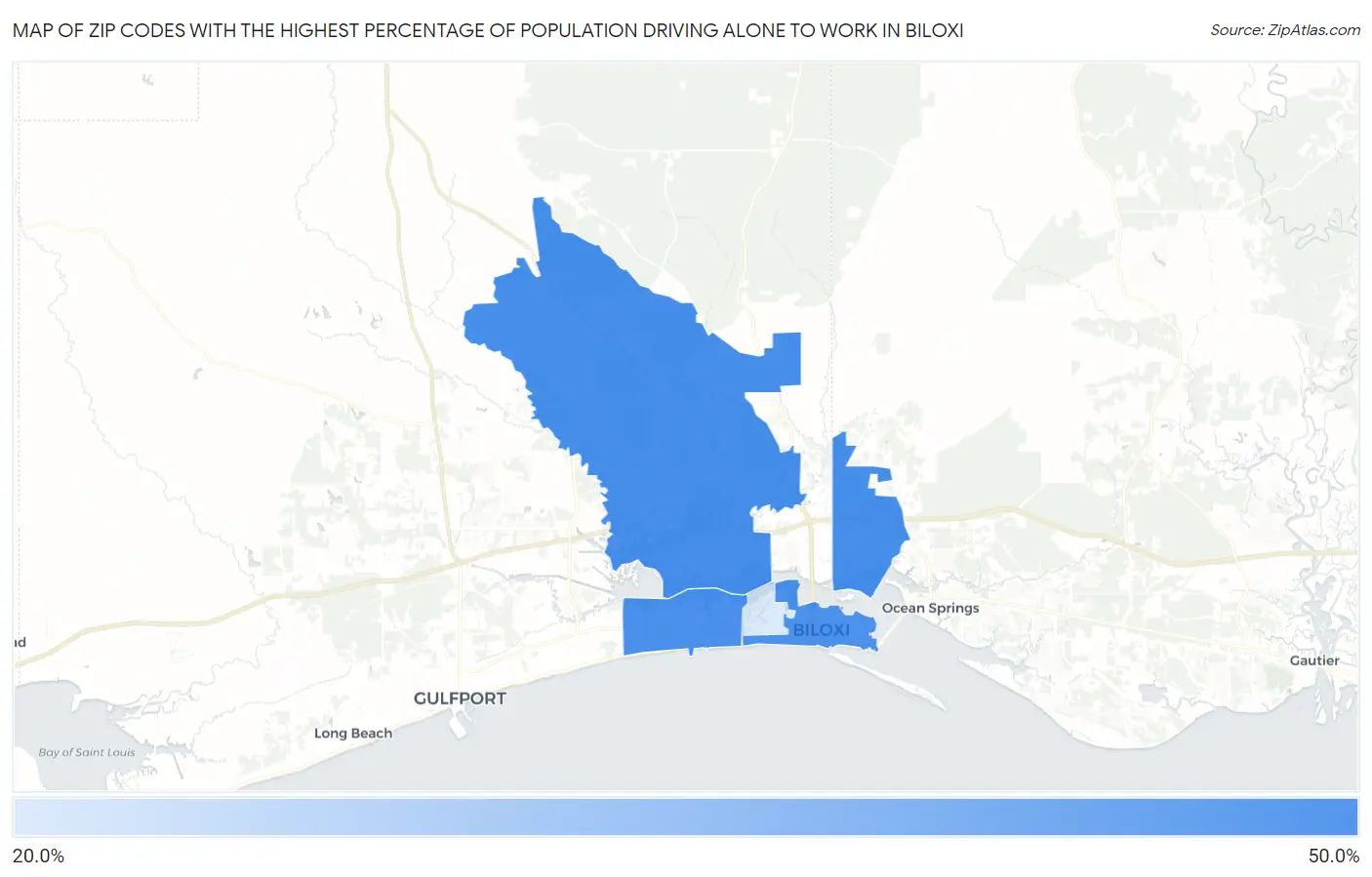 Zip Codes with the Highest Percentage of Population Driving Alone to Work in Biloxi Map