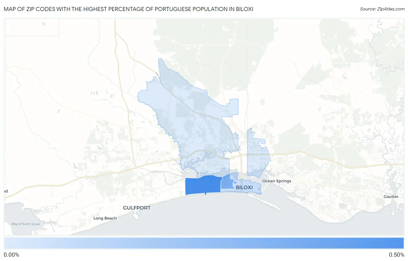 Zip Codes with the Highest Percentage of Portuguese Population in Biloxi Map