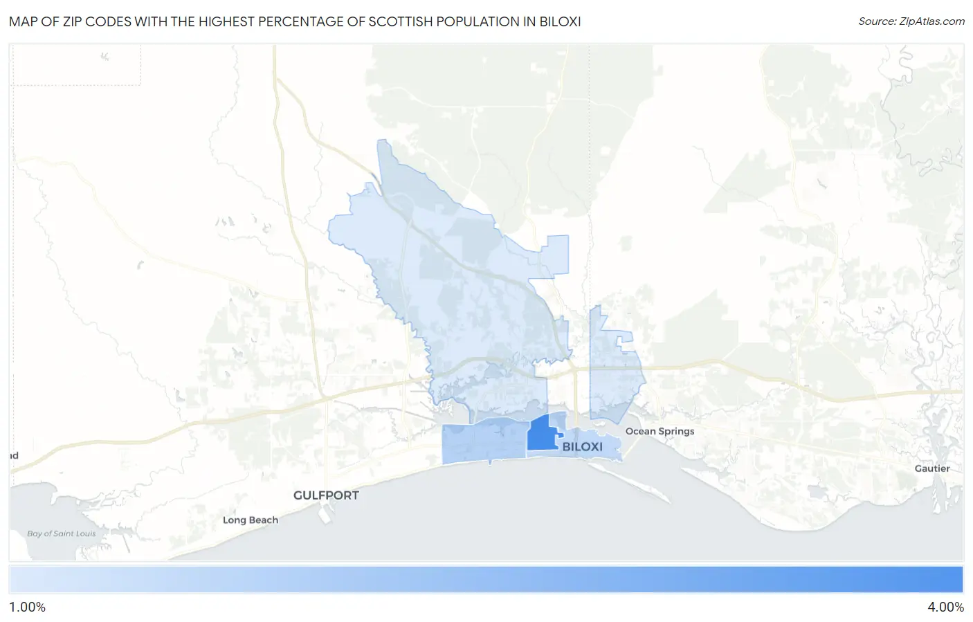 Zip Codes with the Highest Percentage of Scottish Population in Biloxi Map