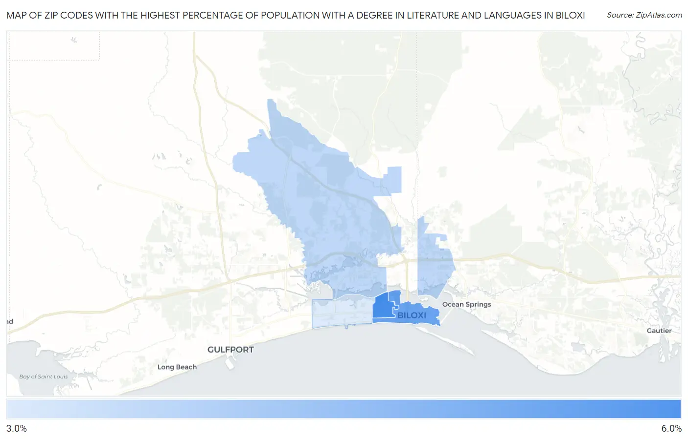 Zip Codes with the Highest Percentage of Population with a Degree in Literature and Languages in Biloxi Map