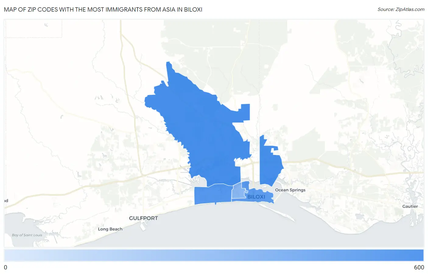 Zip Codes with the Most Immigrants from Asia in Biloxi Map
