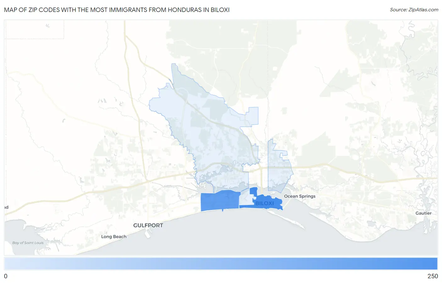 Zip Codes with the Most Immigrants from Honduras in Biloxi Map