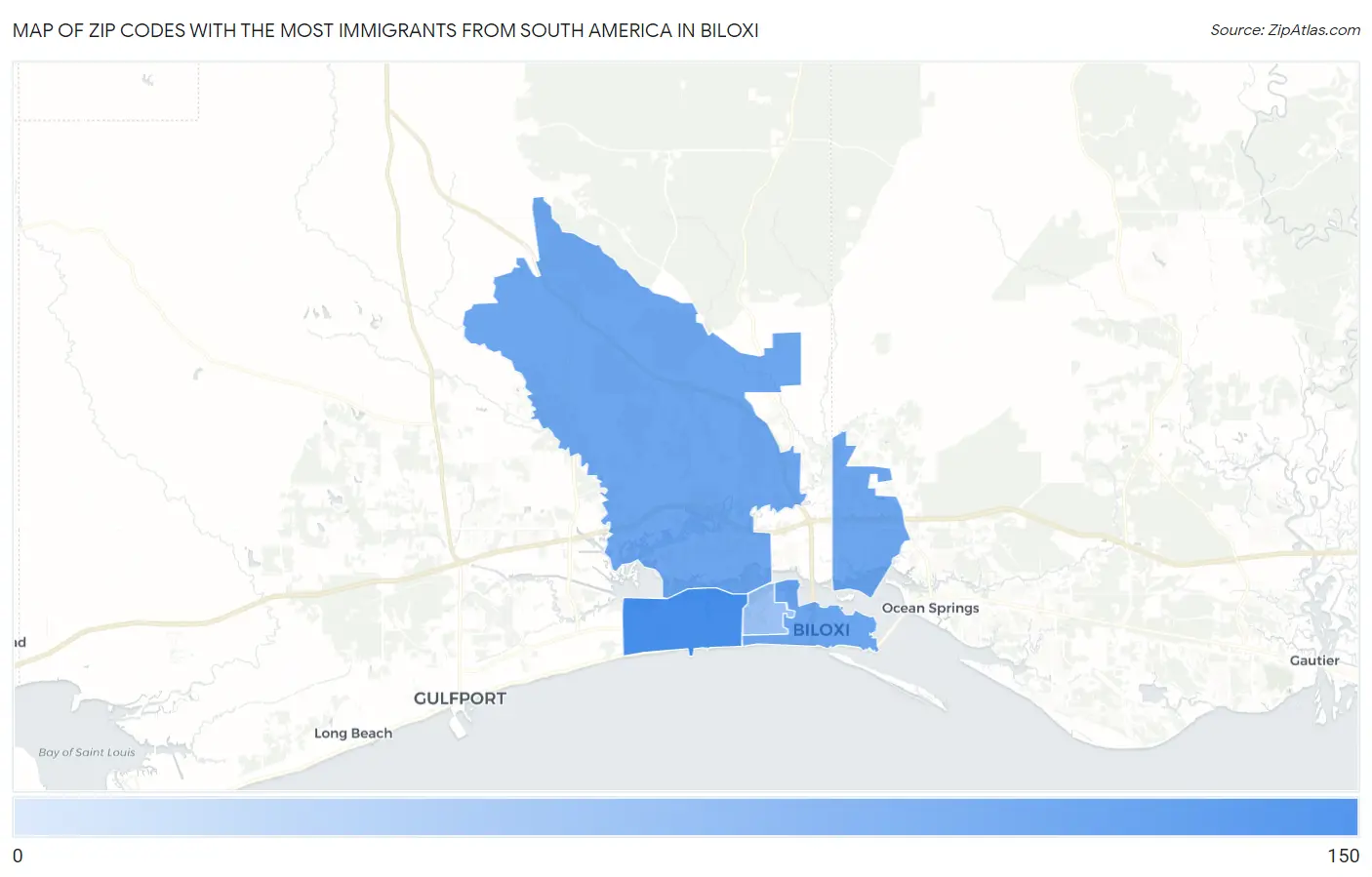 Zip Codes with the Most Immigrants from South America in Biloxi Map