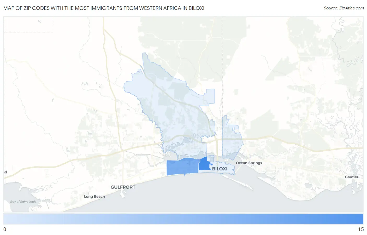 Zip Codes with the Most Immigrants from Western Africa in Biloxi Map