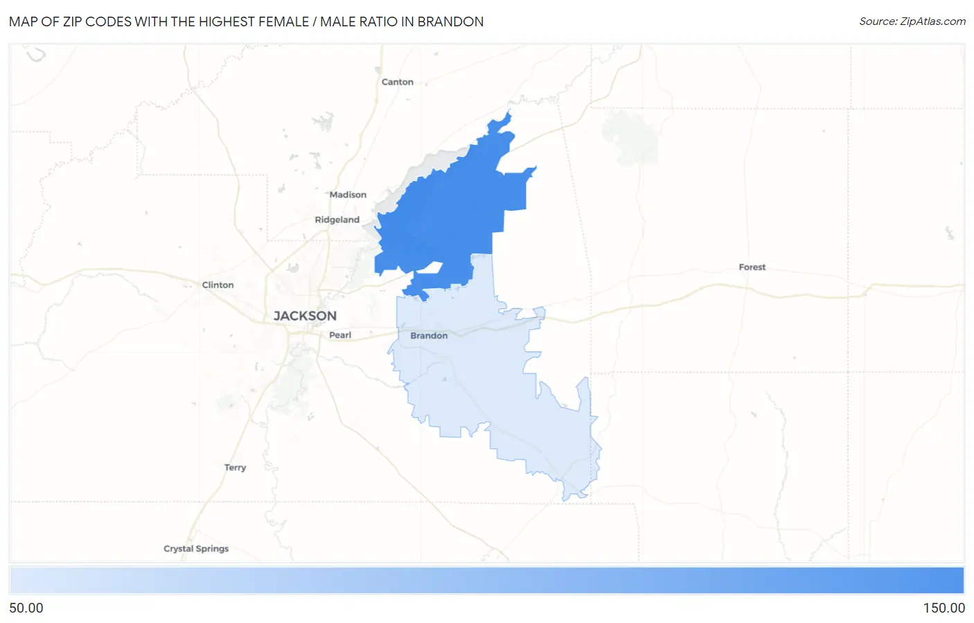 Zip Codes with the Highest Female / Male Ratio in Brandon Map