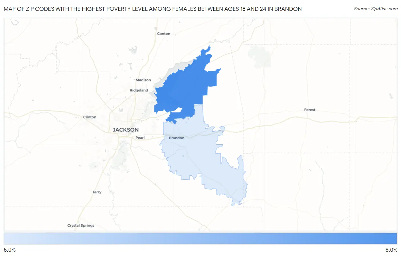 Zip Codes with the Highest Poverty Level Among Females Between Ages 18 and 24 in Brandon Map