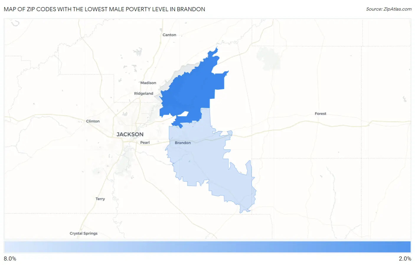 Zip Codes with the Lowest Male Poverty Level in Brandon Map