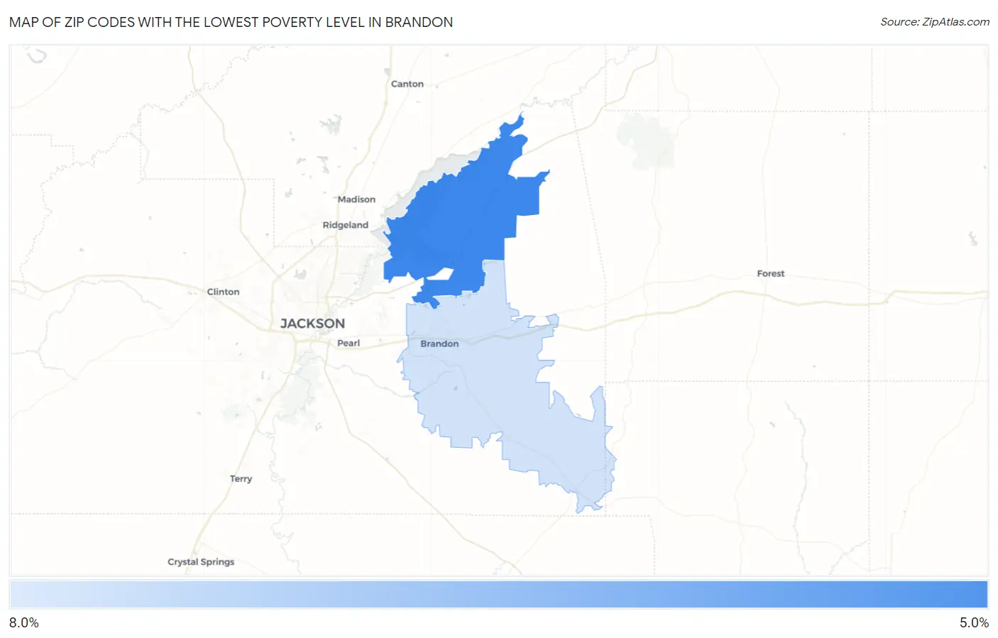 Zip Codes with the Lowest Poverty Level in Brandon Map