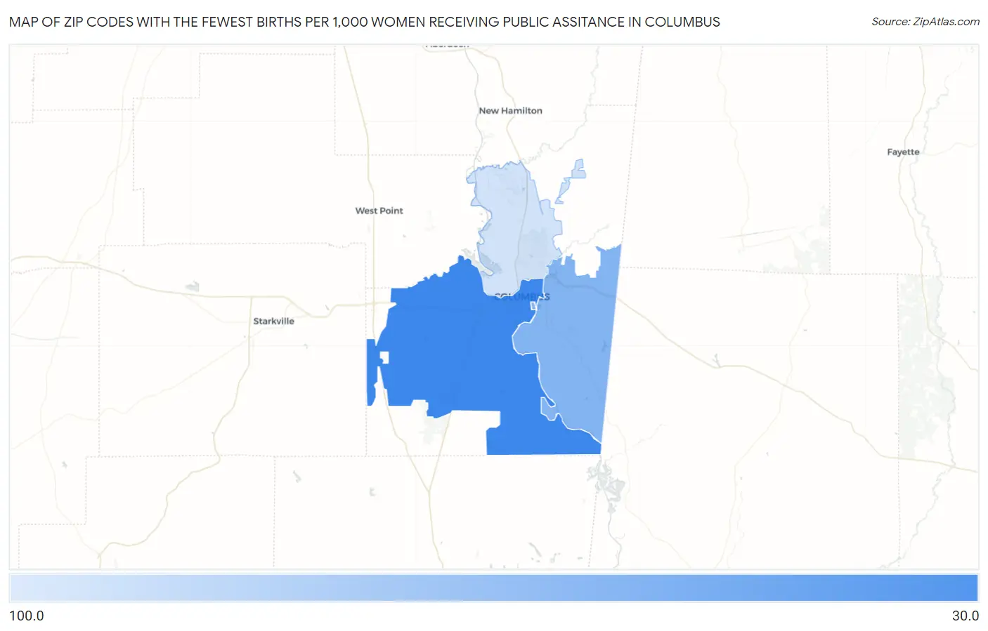 Zip Codes with the Fewest Births per 1,000 Women Receiving Public Assitance in Columbus Map