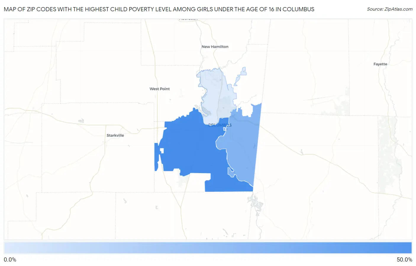 Zip Codes with the Highest Child Poverty Level Among Girls Under the Age of 16 in Columbus Map
