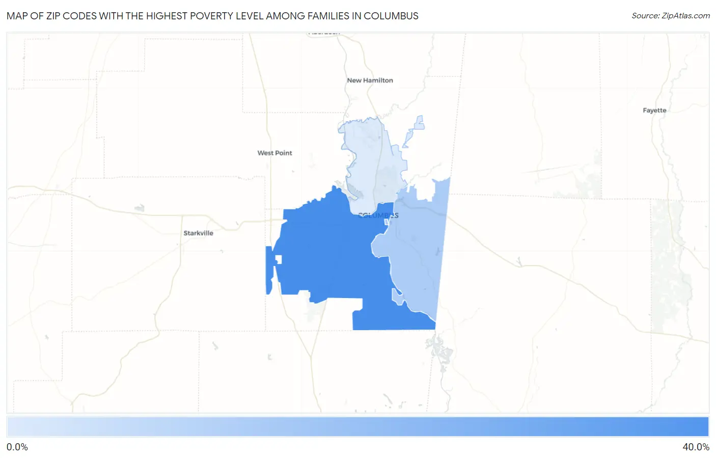 Zip Codes with the Highest Poverty Level Among Families in Columbus Map