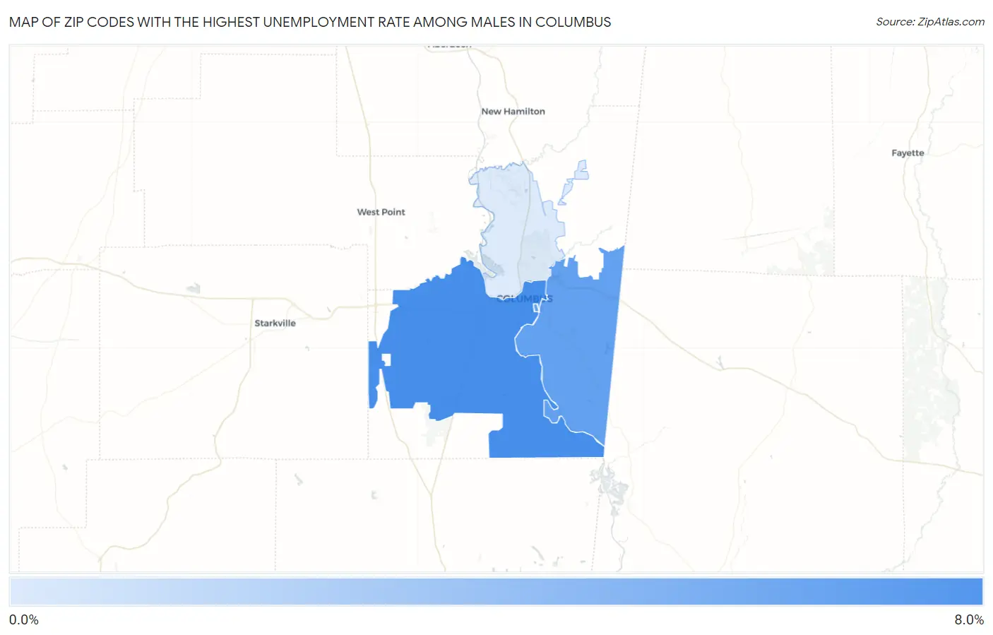 Zip Codes with the Highest Unemployment Rate Among Males in Columbus Map
