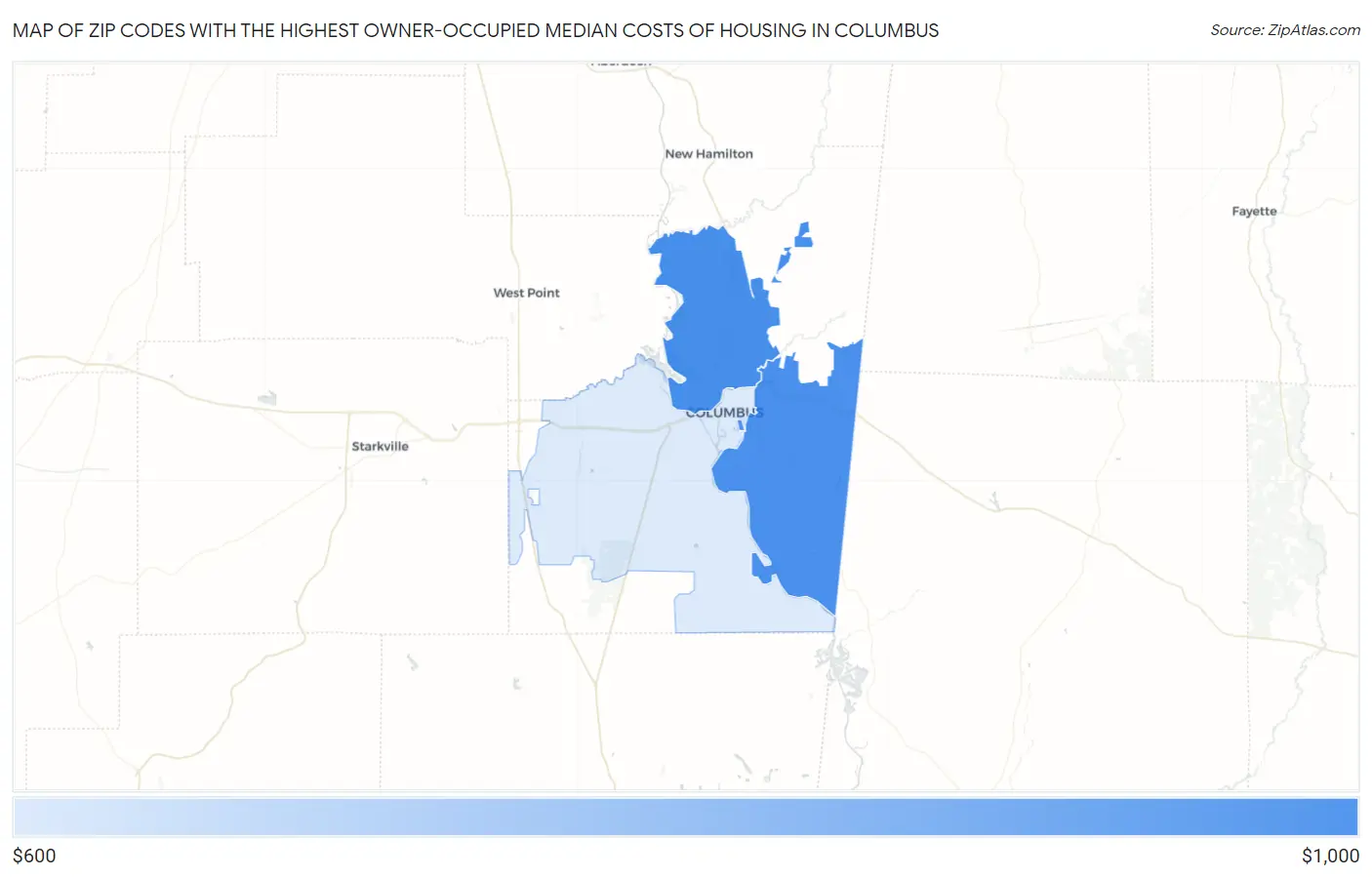 Zip Codes with the Highest Owner-Occupied Median Costs of Housing in Columbus Map
