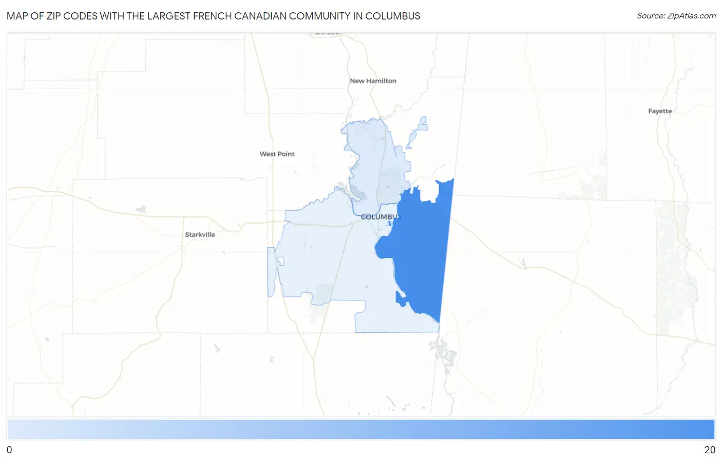 Zip Codes with the Largest French Canadian Community in Columbus Map