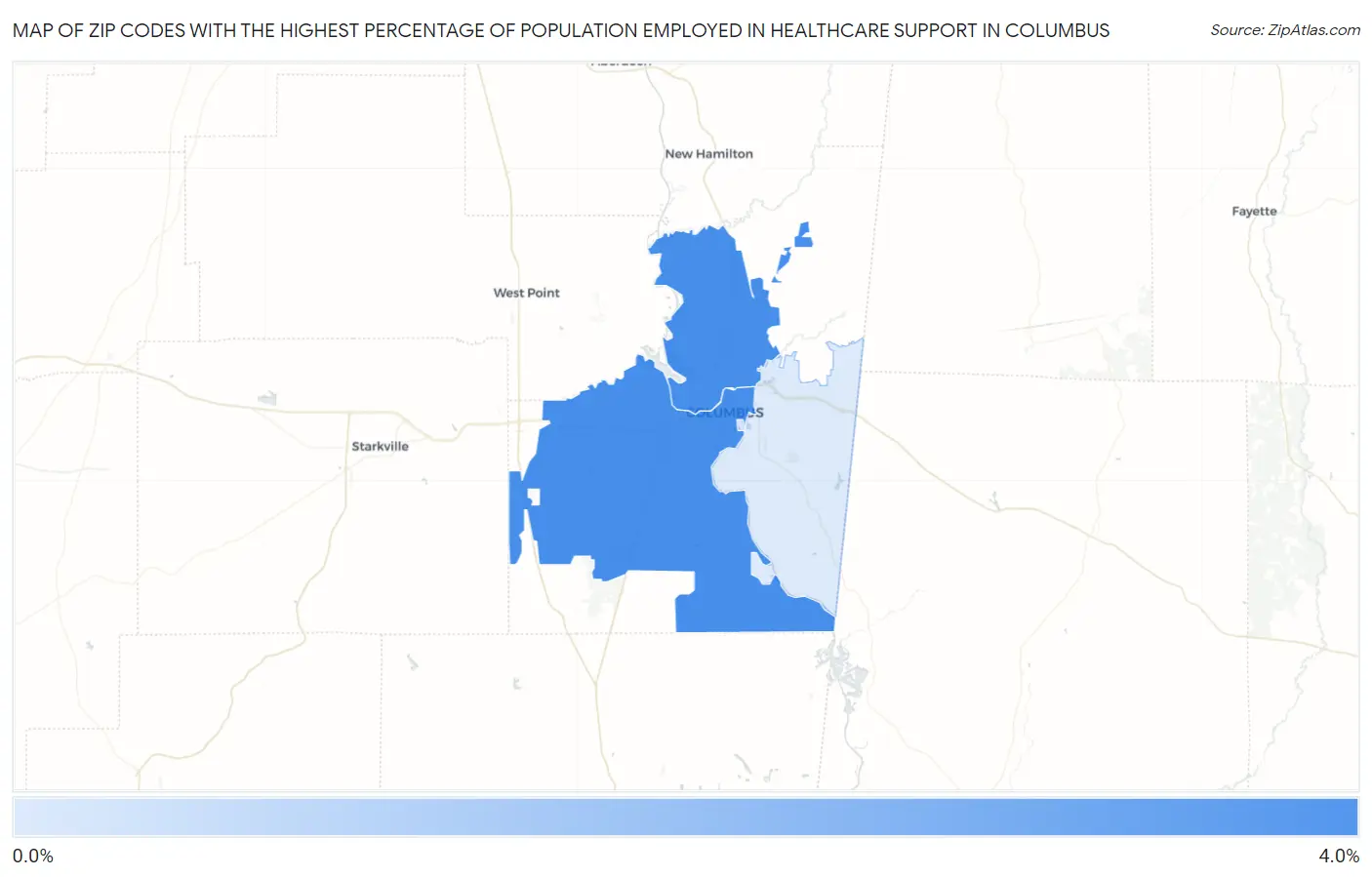 Zip Codes with the Highest Percentage of Population Employed in Healthcare Support in Columbus Map