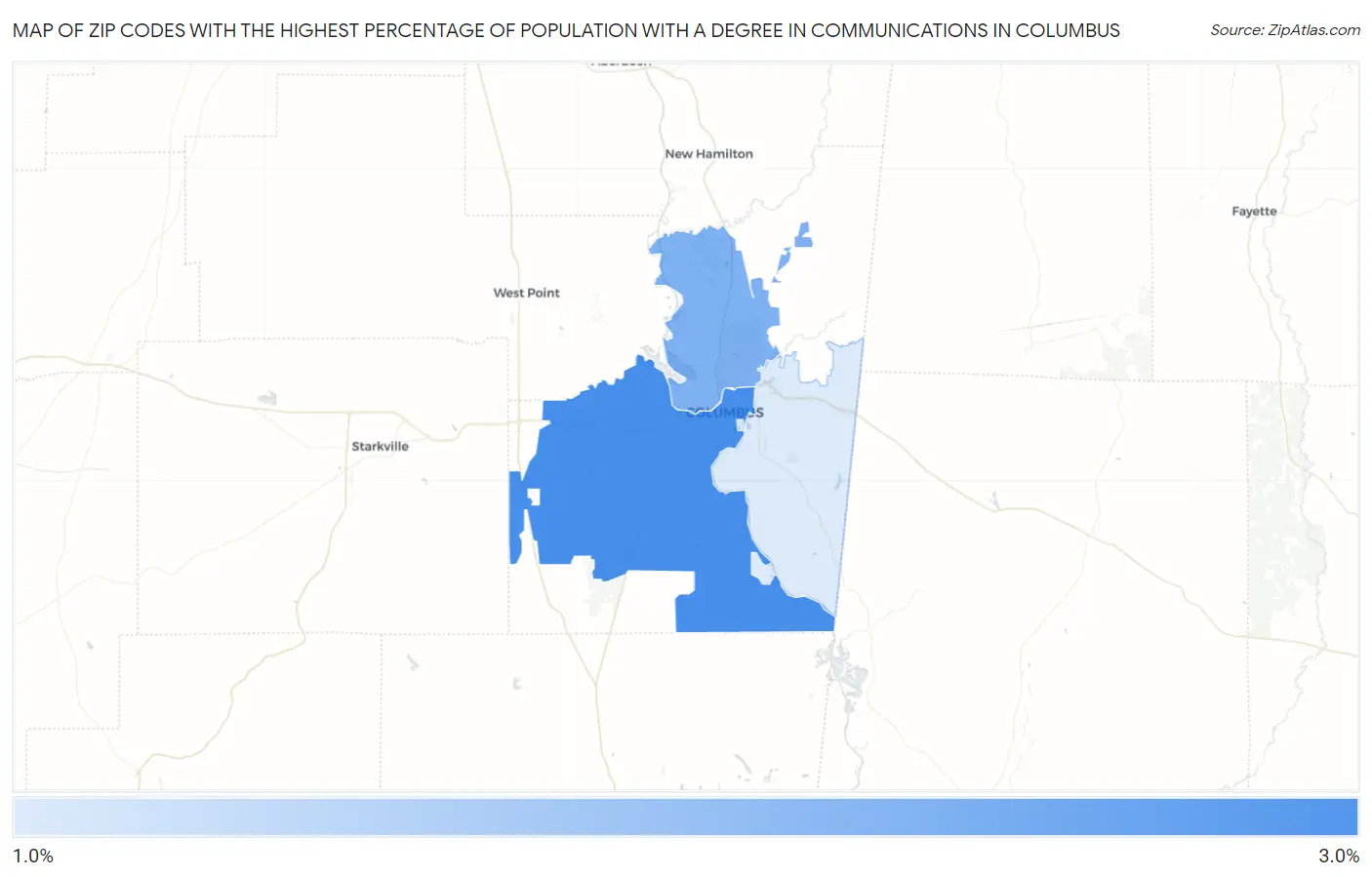 Zip Codes with the Highest Percentage of Population with a Degree in Communications in Columbus Map