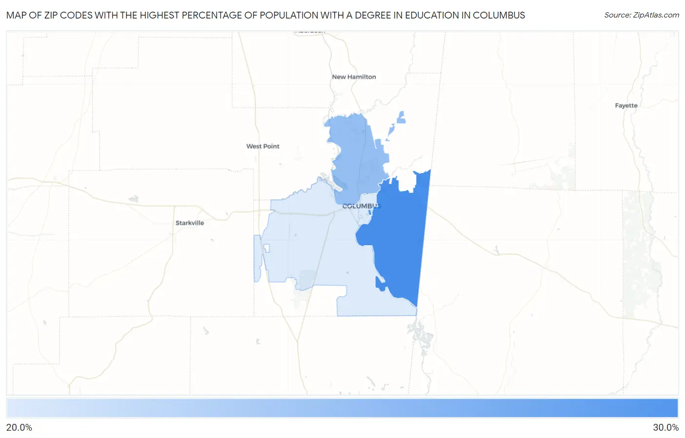 Zip Codes with the Highest Percentage of Population with a Degree in Education in Columbus Map