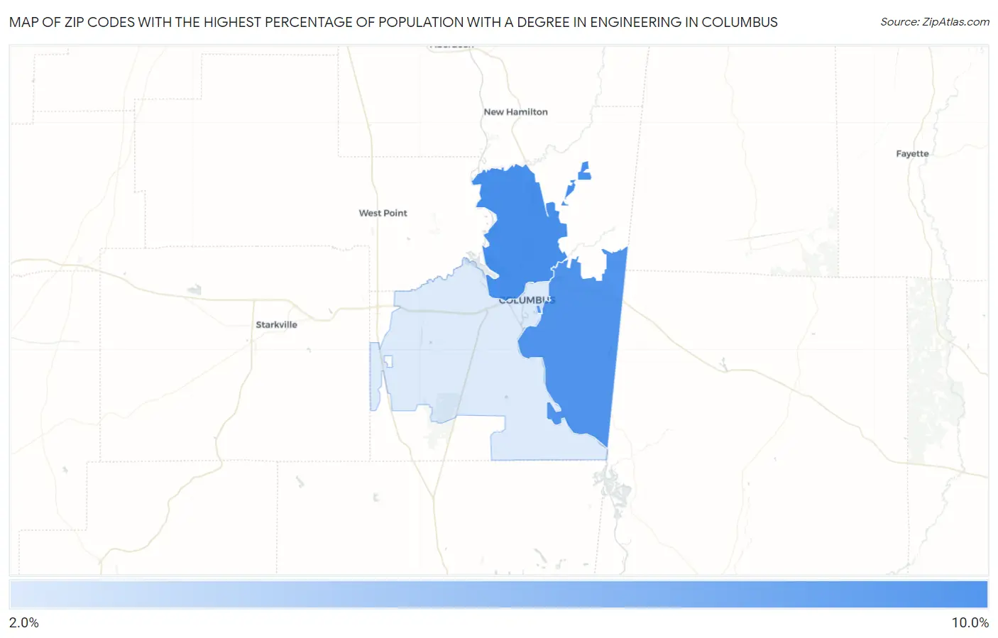Zip Codes with the Highest Percentage of Population with a Degree in Engineering in Columbus Map