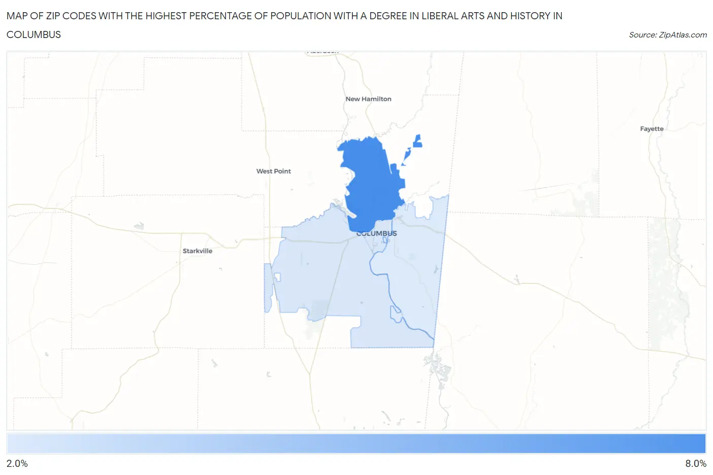 Zip Codes with the Highest Percentage of Population with a Degree in Liberal Arts and History in Columbus Map