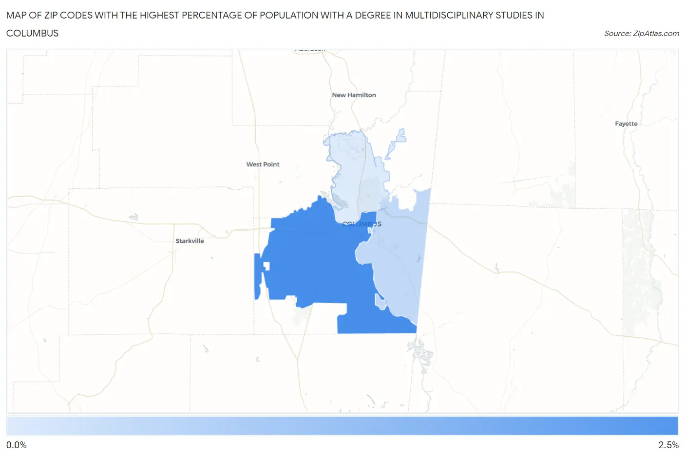 Zip Codes with the Highest Percentage of Population with a Degree in Multidisciplinary Studies in Columbus Map