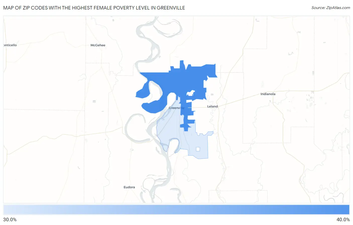 Zip Codes with the Highest Female Poverty Level in Greenville Map
