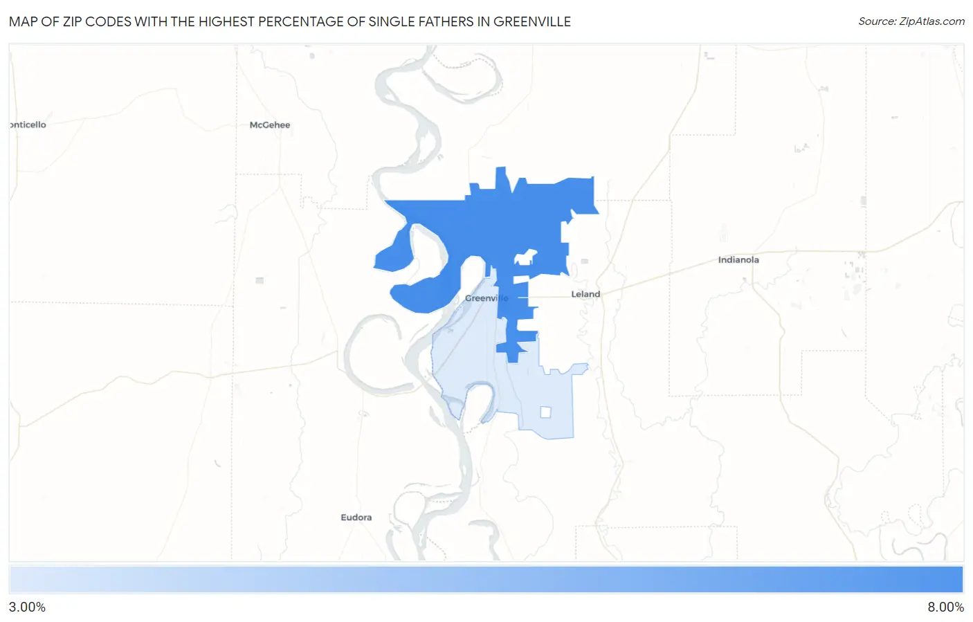 Zip Codes with the Highest Percentage of Single Fathers in Greenville Map