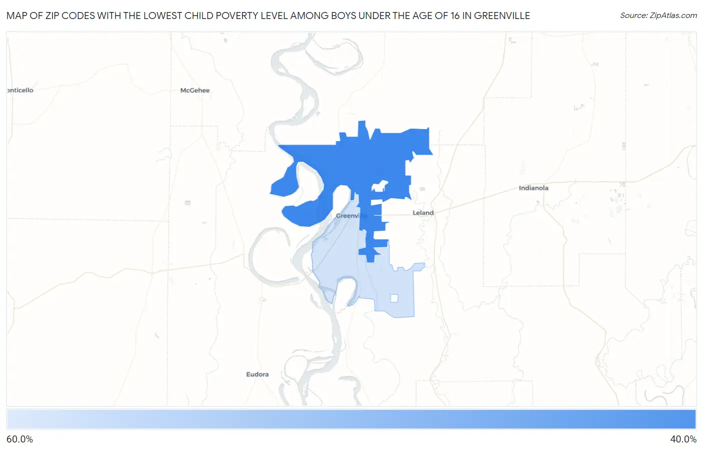 Zip Codes with the Lowest Child Poverty Level Among Boys Under the Age of 16 in Greenville Map