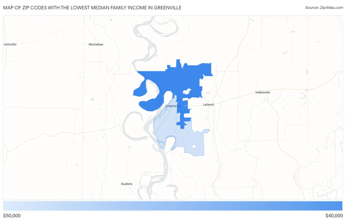 Zip Codes with the Lowest Median Family Income in Greenville Map