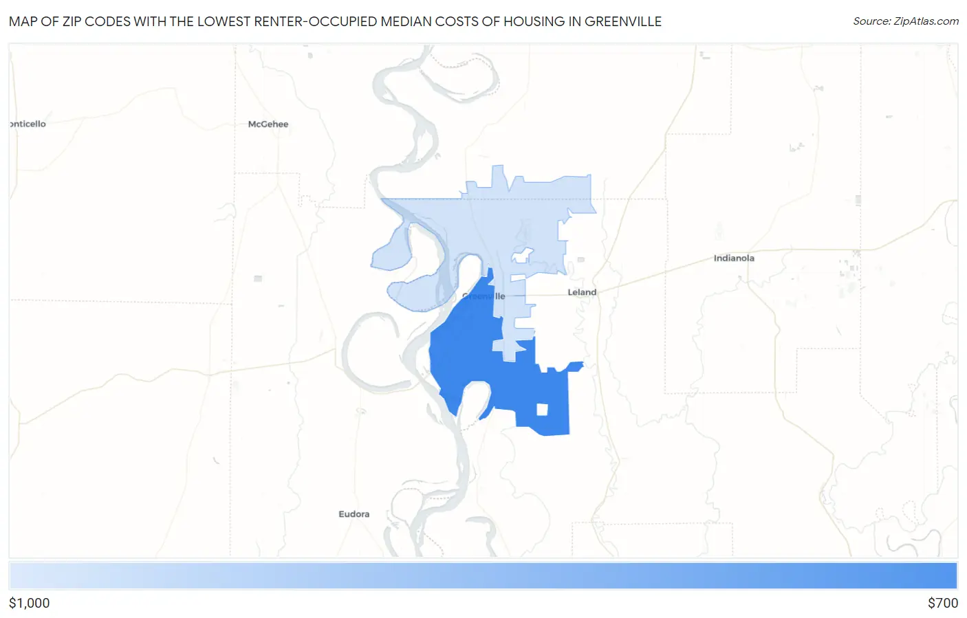 Zip Codes with the Lowest Renter-Occupied Median Costs of Housing in Greenville Map