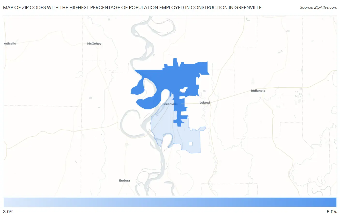 Zip Codes with the Highest Percentage of Population Employed in Construction in Greenville Map
