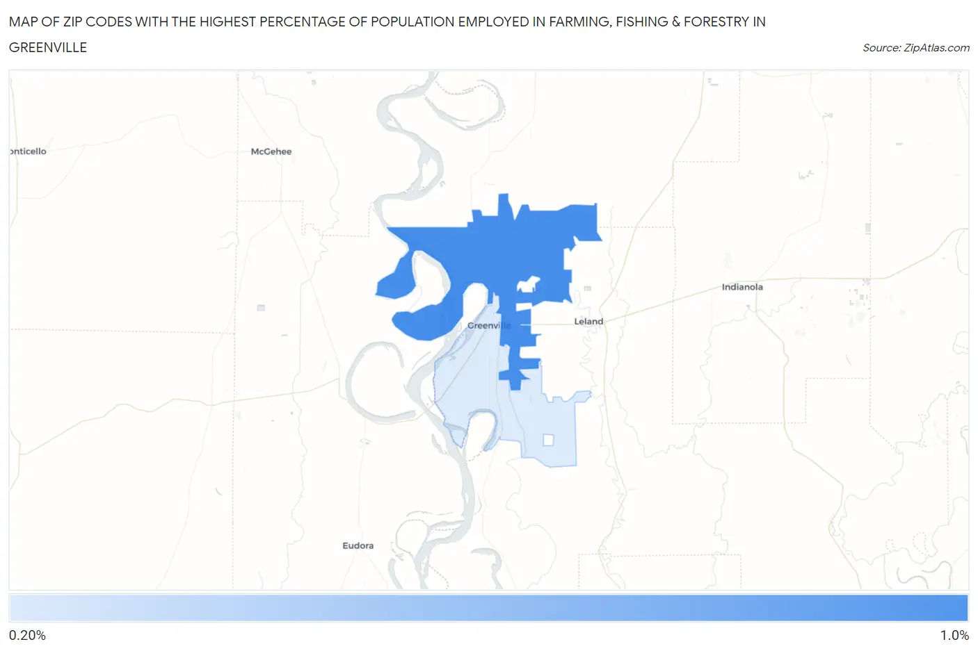 Zip Codes with the Highest Percentage of Population Employed in Farming, Fishing & Forestry in Greenville Map