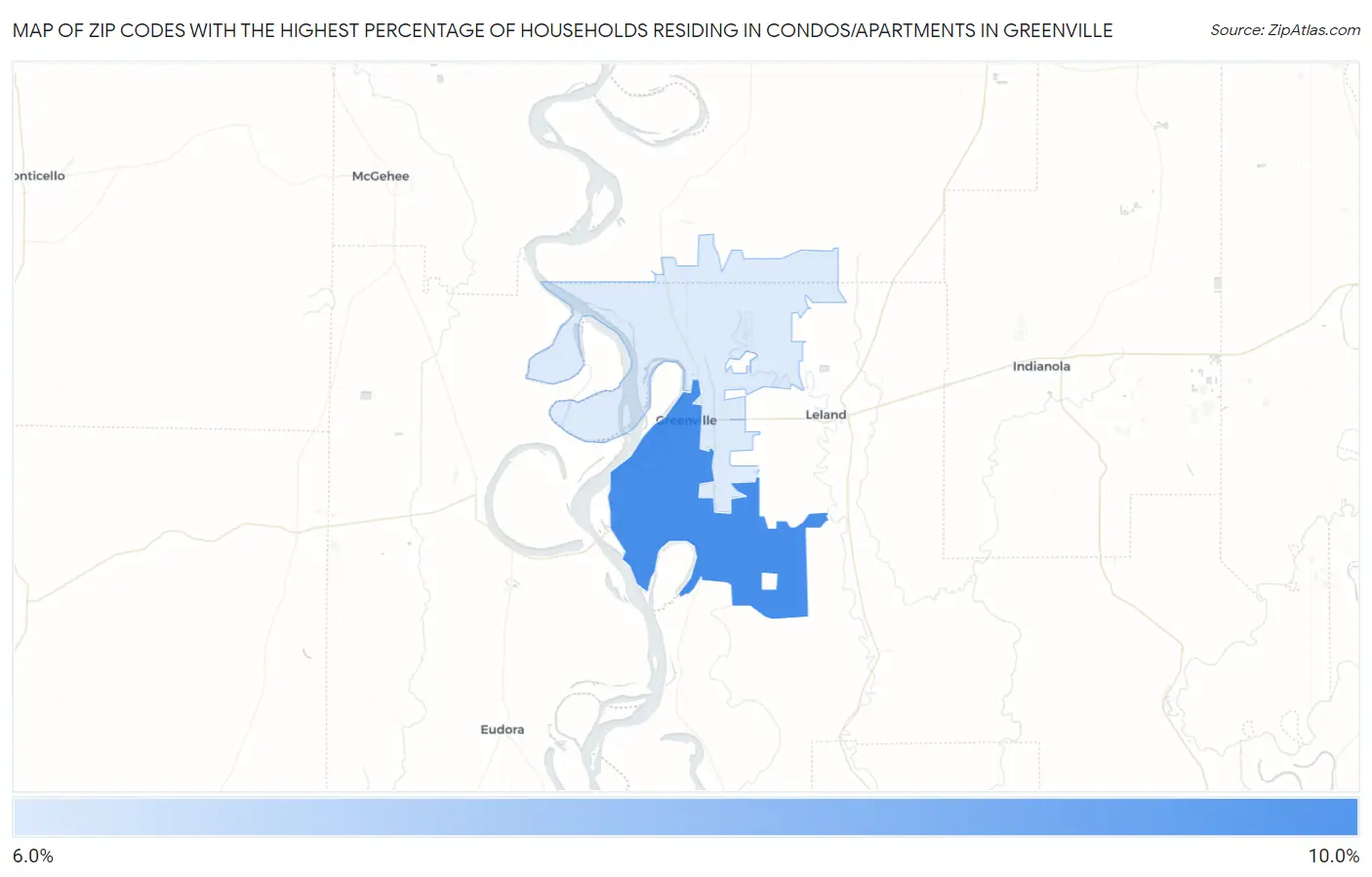 Zip Codes with the Highest Percentage of Households Residing in Condos/Apartments in Greenville Map