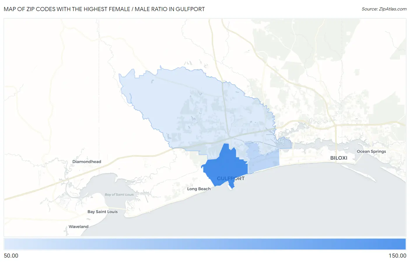 Zip Codes with the Highest Female / Male Ratio in Gulfport Map