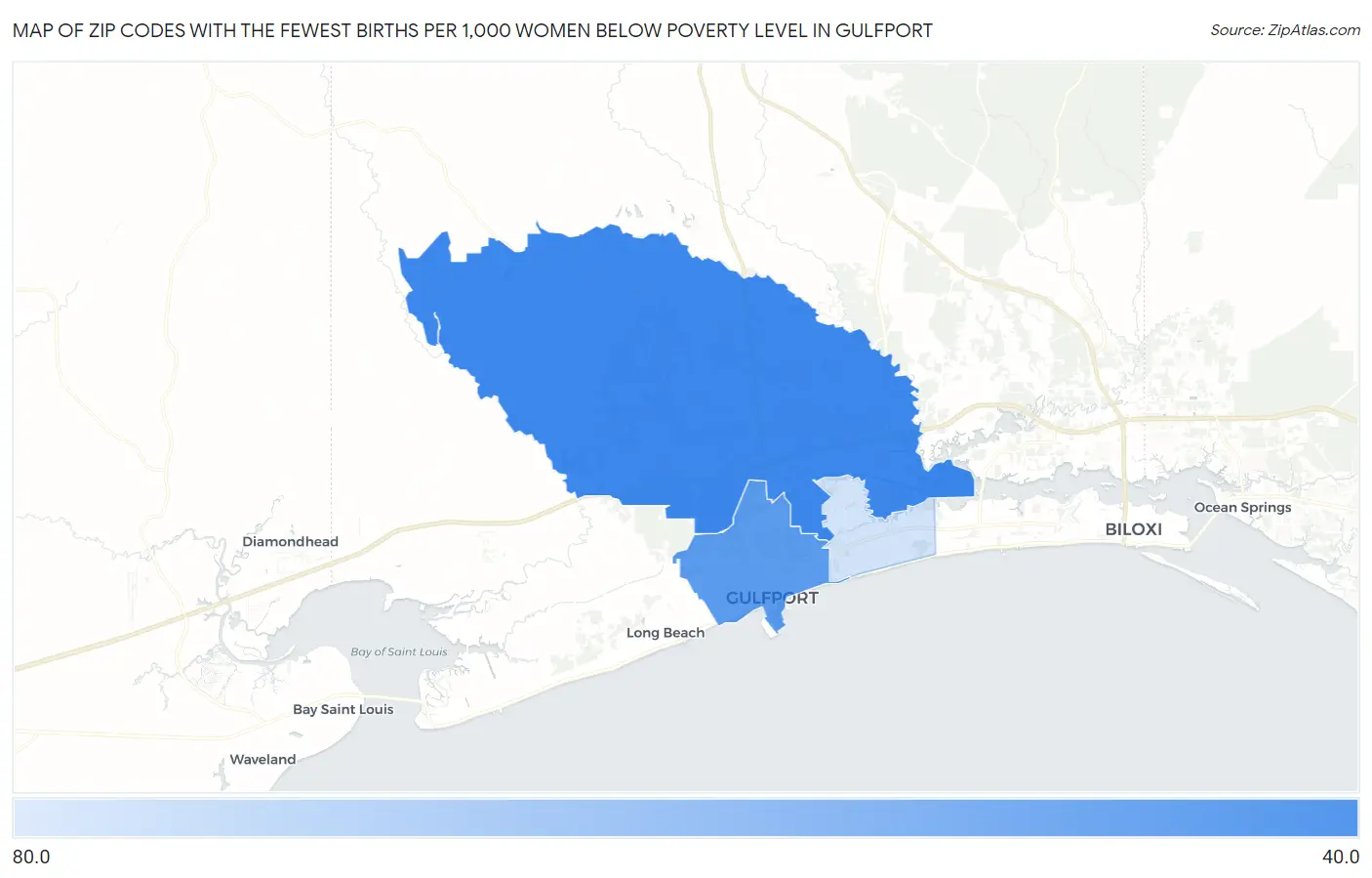 Zip Codes with the Fewest Births per 1,000 Women Below Poverty Level in Gulfport Map