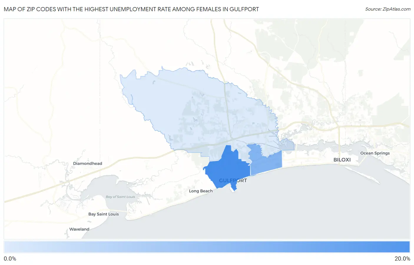 Zip Codes with the Highest Unemployment Rate Among Females in Gulfport Map