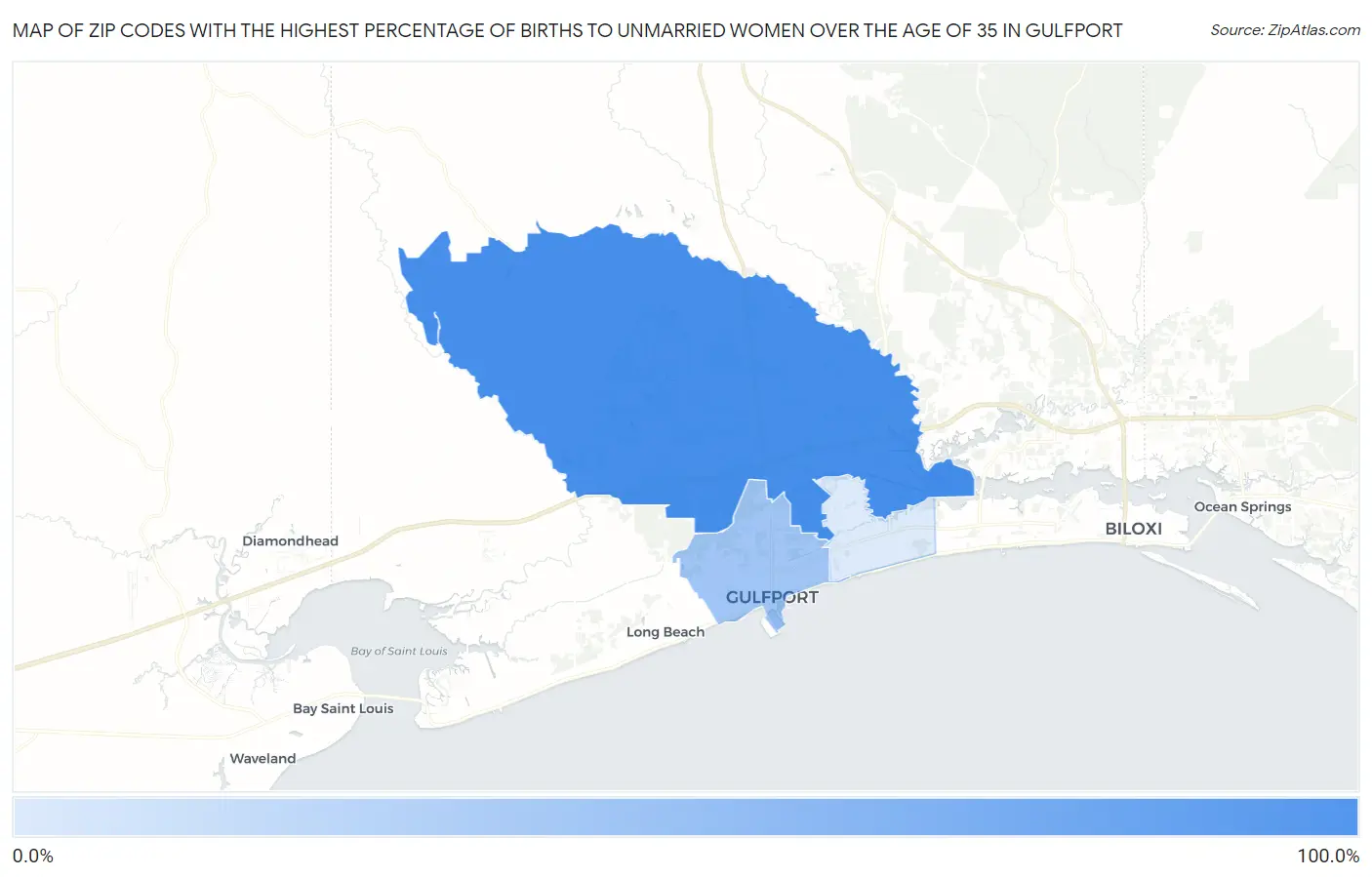 Zip Codes with the Highest Percentage of Births to Unmarried Women over the Age of 35 in Gulfport Map