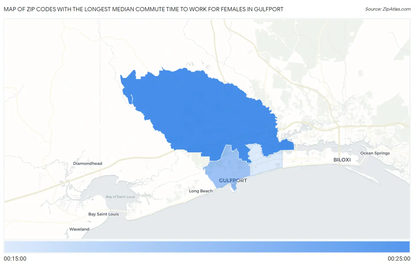 Zip Codes with the Longest Median Commute Time to Work for Females in Gulfport Map