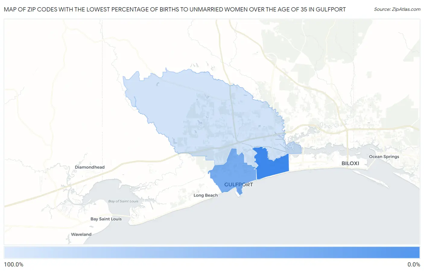 Zip Codes with the Lowest Percentage of Births to Unmarried Women over the Age of 35 in Gulfport Map
