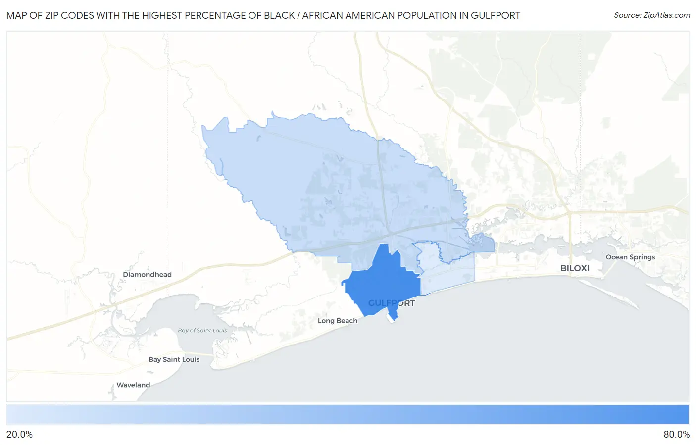Zip Codes with the Highest Percentage of Black / African American Population in Gulfport Map