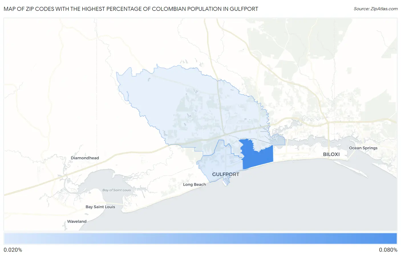 Zip Codes with the Highest Percentage of Colombian Population in Gulfport Map