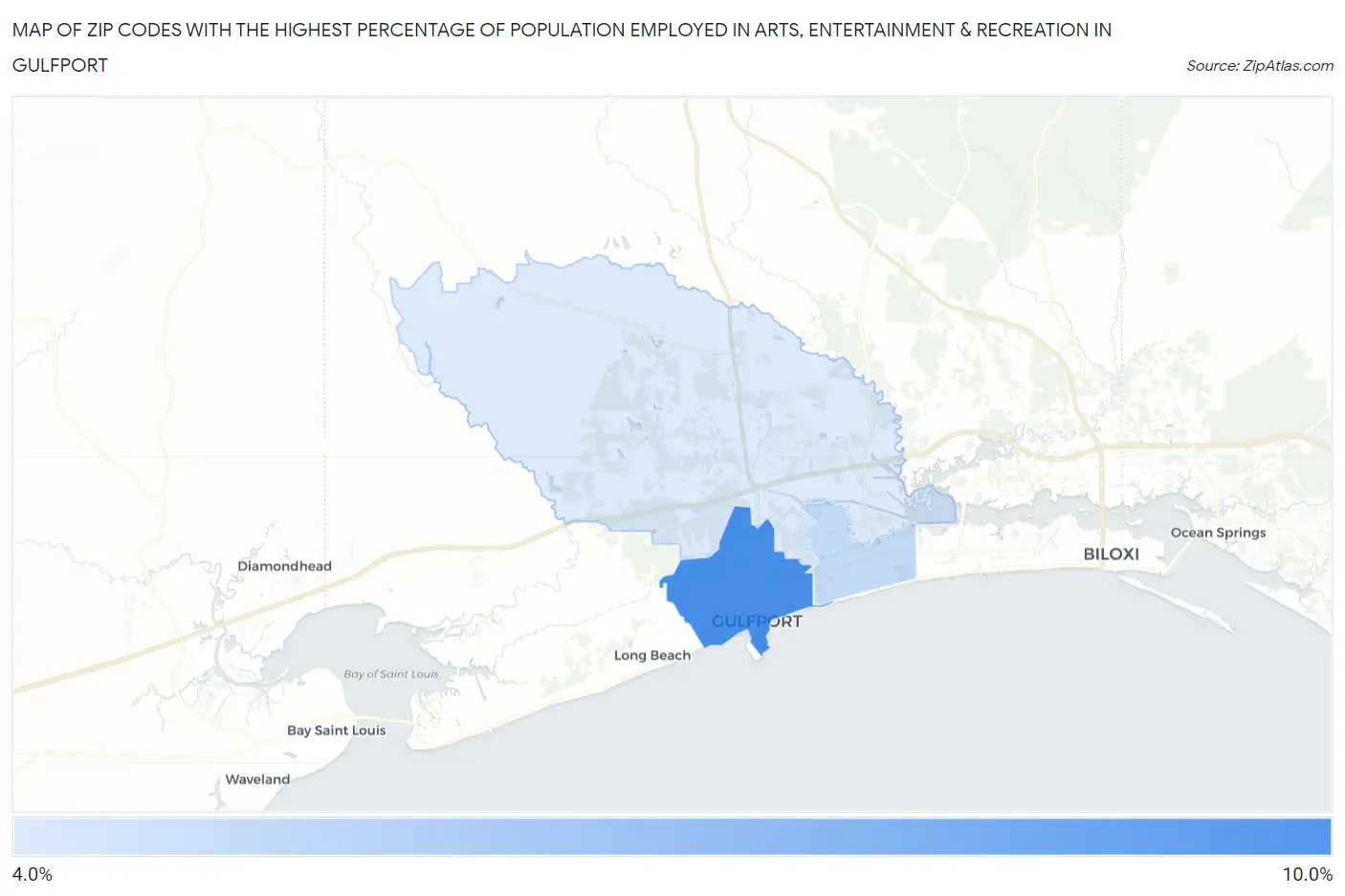 Zip Codes with the Highest Percentage of Population Employed in Arts, Entertainment & Recreation in Gulfport Map