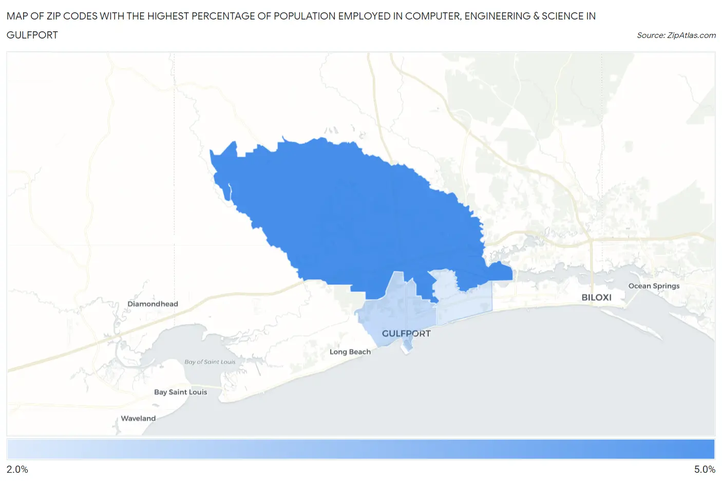 Zip Codes with the Highest Percentage of Population Employed in Computer, Engineering & Science in Gulfport Map