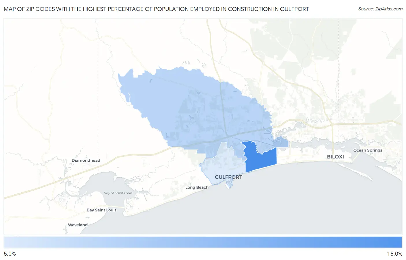 Zip Codes with the Highest Percentage of Population Employed in Construction in Gulfport Map