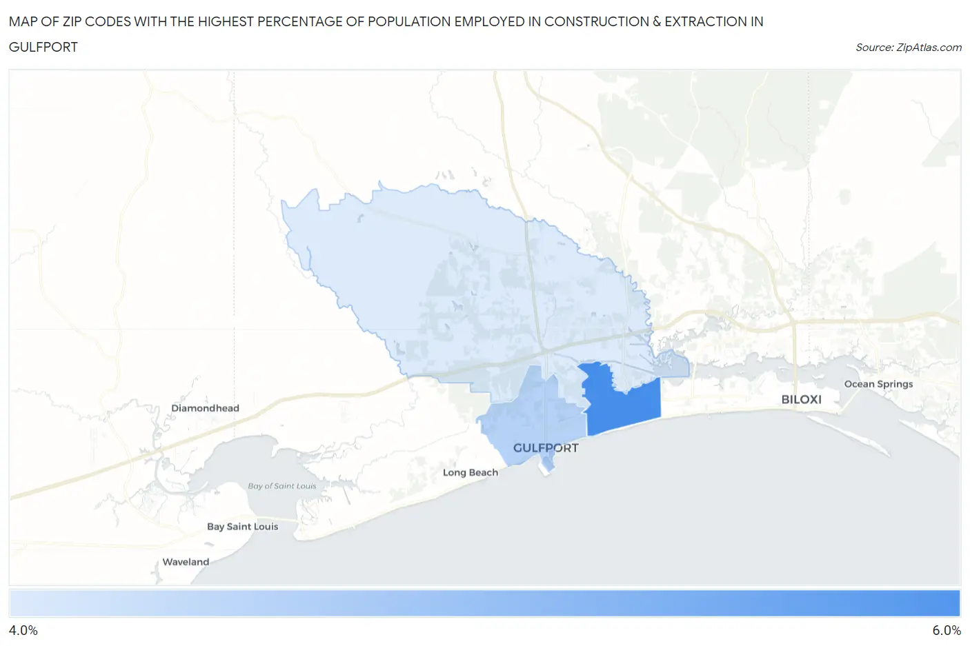 Zip Codes with the Highest Percentage of Population Employed in Construction & Extraction in Gulfport Map
