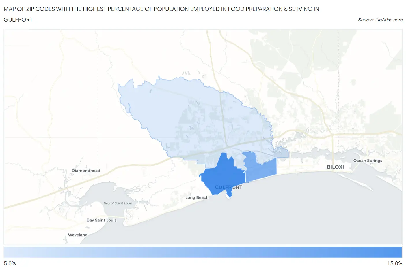 Zip Codes with the Highest Percentage of Population Employed in Food Preparation & Serving in Gulfport Map
