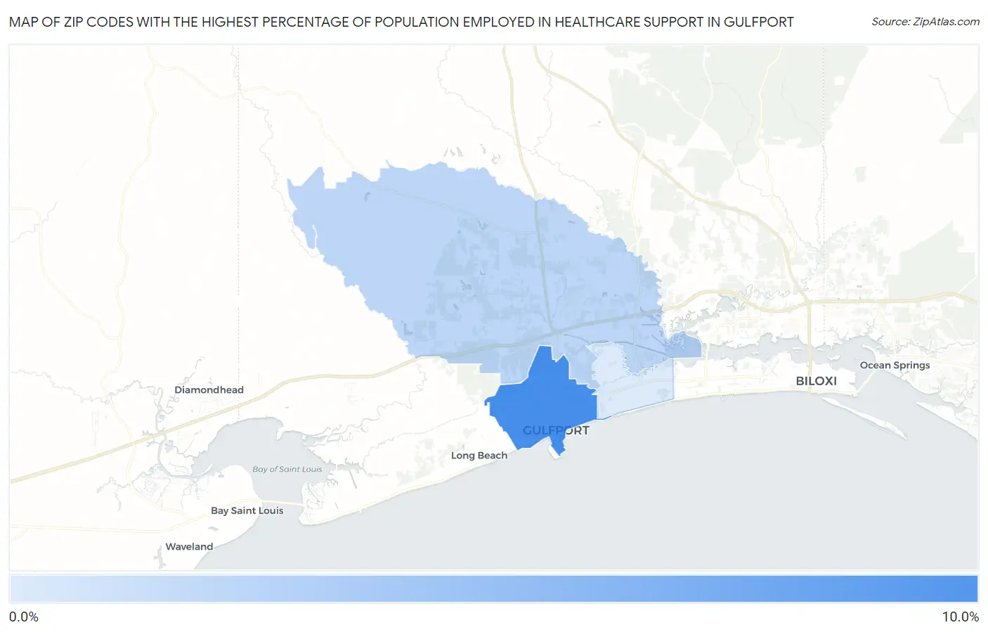 Zip Codes with the Highest Percentage of Population Employed in Healthcare Support in Gulfport Map
